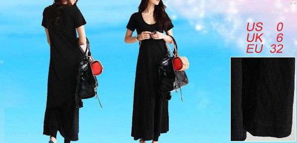 Ladies Black Short Sleeve Scoop Neck Mid Calf Dress XS  