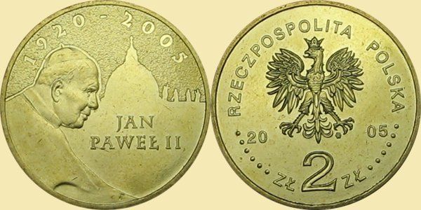 POLAND   2005 GOLD TONED POPE JOHN PAUL II 2 ZLOTY  