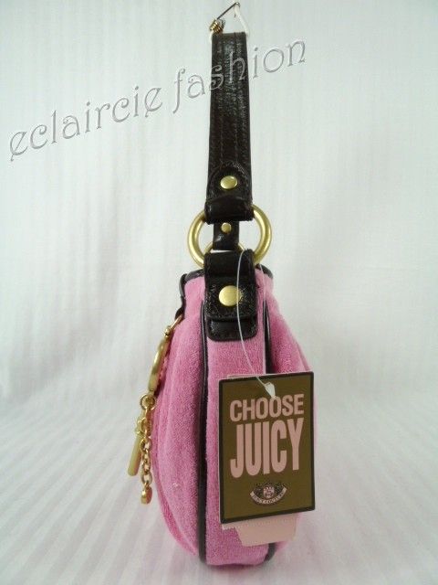 JUICY COUTURE logo Sweet Pea Pink Terry Cloth Leather Charm Tote 