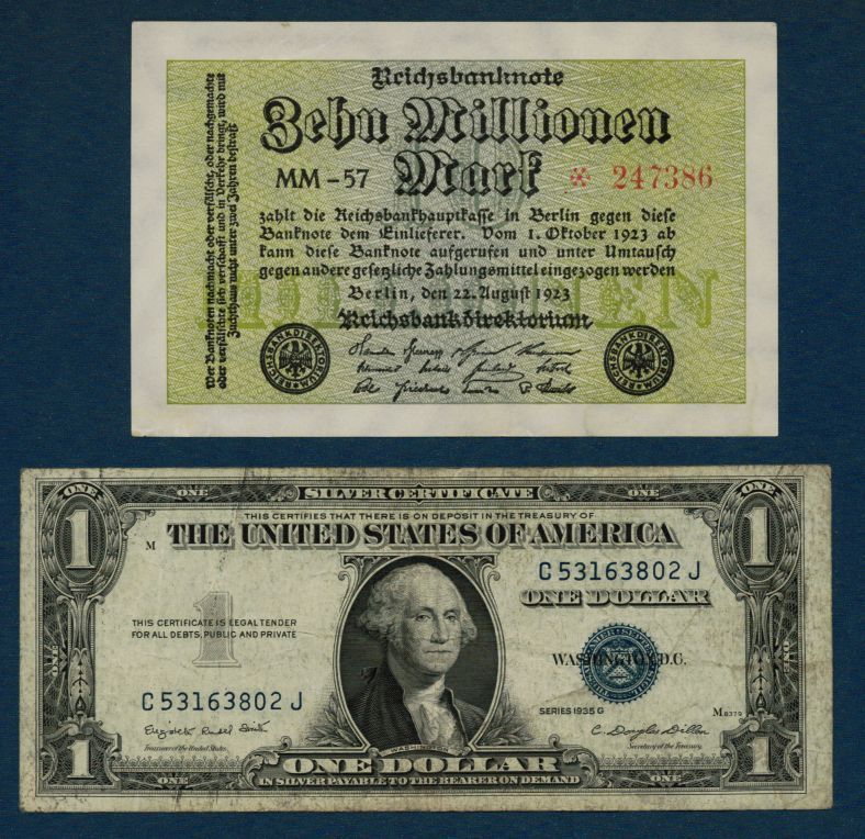 10 MILLION GERMAN MARKS +1 DOLLAR US SILVER CERTIFICATE  