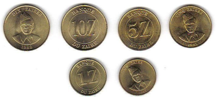 ZAIRE 3 DIFF. UNCIRC. 1980S COINS, 1, 5 & 10 ZAIRES  