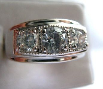 Three stone CZs in Rhodium ep Mens Ring Warranty Sz11  