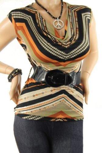 Adorable Tribal Pattern Draped Top Orange Medium  