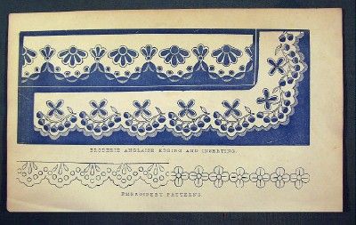 1850s Godey Blue Ink Lithograph BRODERIE ANGLAISE  