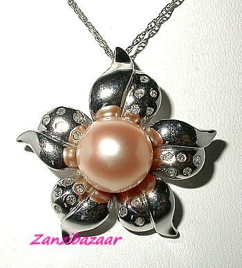 14K WHITE GOLD PINK PEARL & DIAMOND FLOWER PENDANT  