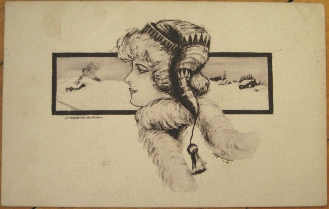 1908 Artist Signed Postcard Woman in Winter Hat/Clothes  