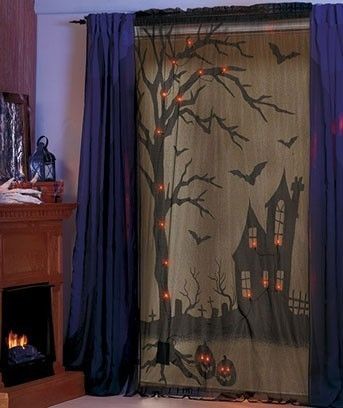   OPERATED SPOOKY LIGHTED SCARY HALLOWEEN window panel CURTAIN 47 X 84