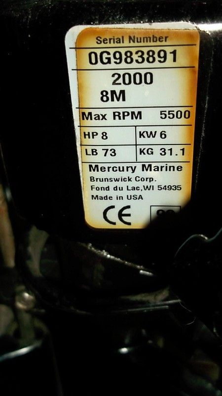 2000 Mercury 8 HP Outboard Motor 9.9 Tiller Water Ready Clean Boat 