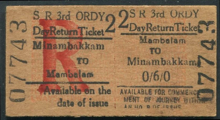 India 1957 Southern Railway day return journey train ticket  