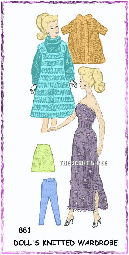 881 Knitted Barbie Gown n Wardrobe Doll Pattern 11.5  