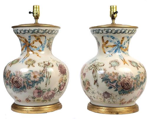 Pair Bacchus Bacchanal Decoupage Glass Table Lamps  