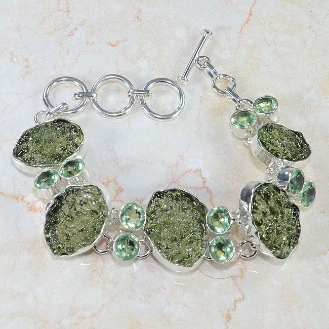 GREEN MOLDAVITE+PERIDOT BRACELET 7 1/2 8 1/2; U1979  