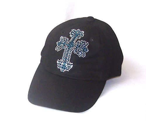 GOTHIC BLUE CROSS RHINESTONE BLACK BASEBALL HAT VISOR  