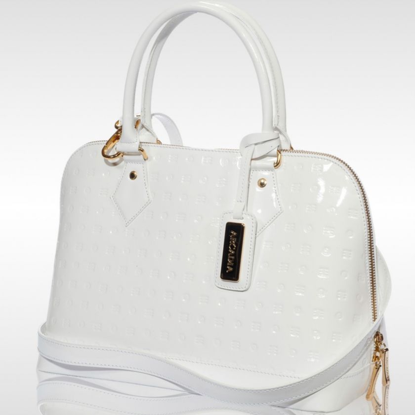   Italian DESIGNER WHITE MONOGRAM VERNIS LEATHER STRUCTURED BAG  