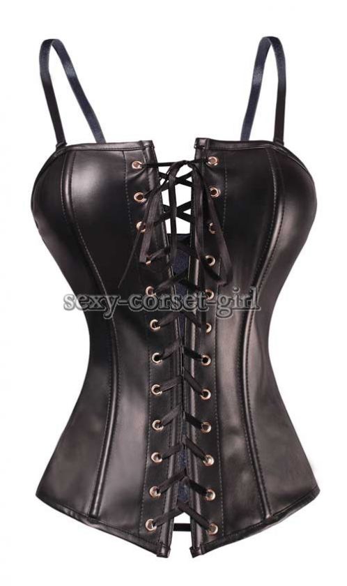 Black Genuine Leather Corset Shoulder Strap Bustier Goth M A092