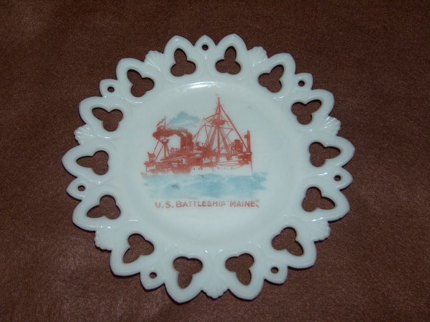 Vintage 1890s Milk Glass Plate U.S. Battleship Maine  