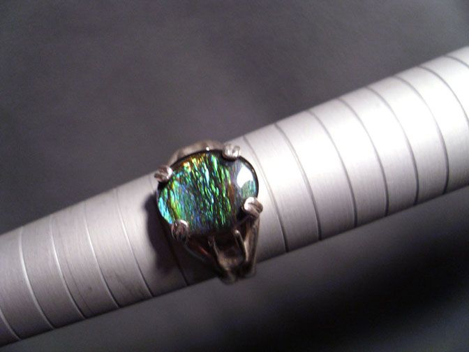 12x10mm Blue/Green Ammolite Stone Sterling Silver Ring Size 8 Ammonite 