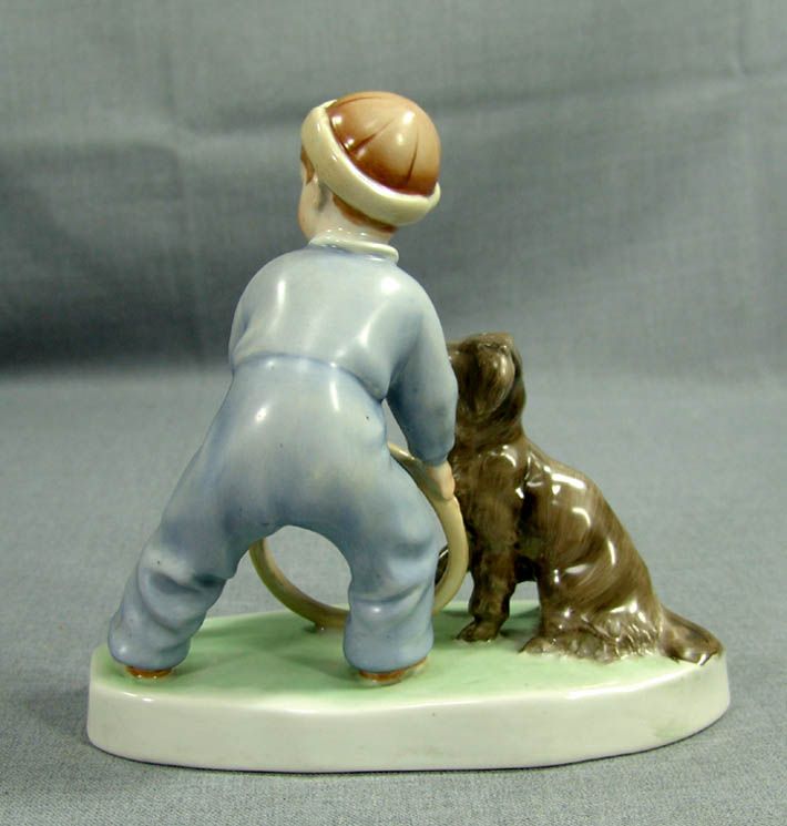 ZSOLNAY PECS HUNGARY BOY&DOG PORCELAIN FIGURINE~A.SINKO  