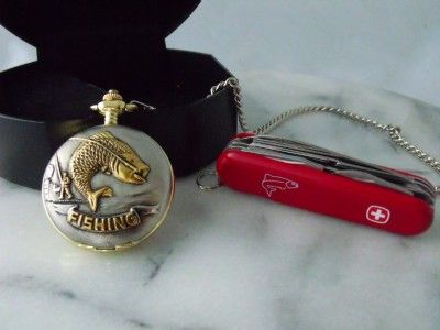 Fishermans Gift Pocket Watch & Fishing Swiss Army Knife  