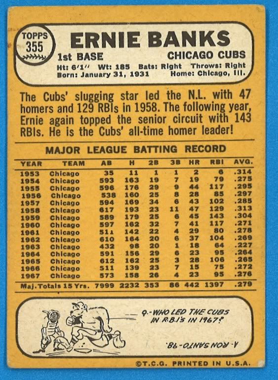 1968 Topps #355 ERNIE BANKS EXMT No Marks or Creases NICE  