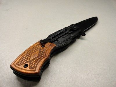 SPECIAL FORCE .38 GUN FOLDING ASSISTED RESCUE KNIFE WOOD INLAY HANDLE 