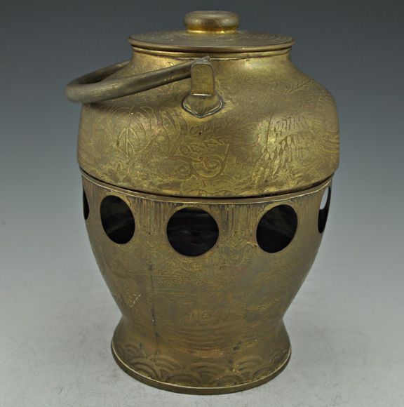 Antique Japanese Brass Tea Pot w/ Burner Traditional  