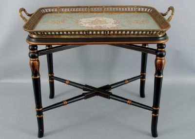 REPRO PORCELAIN BRASS ANBERTONIA TRAY TABLE ON STAND  