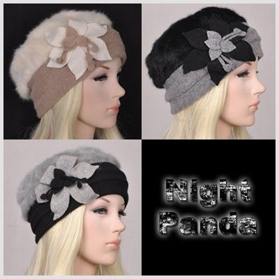 SH Colorful Beautiful Rabbit Fur Lady Beret Beanie Hat Soft Flower 