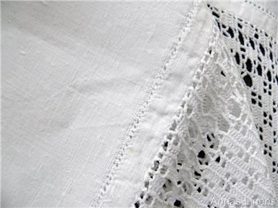 Antique Linen Tablecloth White Crochet Lace Edge Cutwork Embroidery 