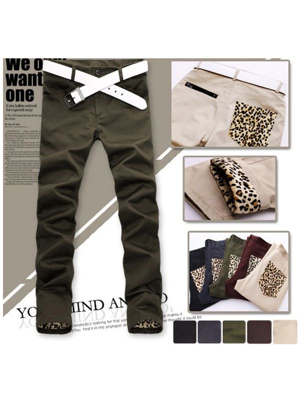 New Men Fashion Style Slim Fit Pocket Leopard Design Casual Pants 