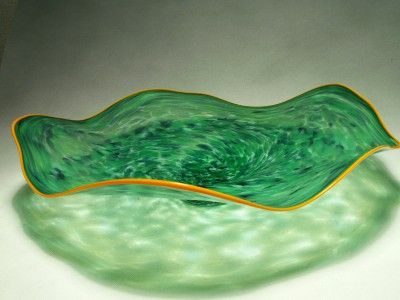 Green Blue Blend Hand Blown Hot Glass Art Wall Platter Bowl Signed by 