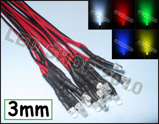 100 pcs 3mm white Red blue green yellow Round LED Pre Wired Lights 12V 