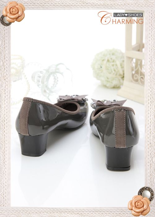 Womens Bling Bow Low Heel Round Toe Shoes Gray  