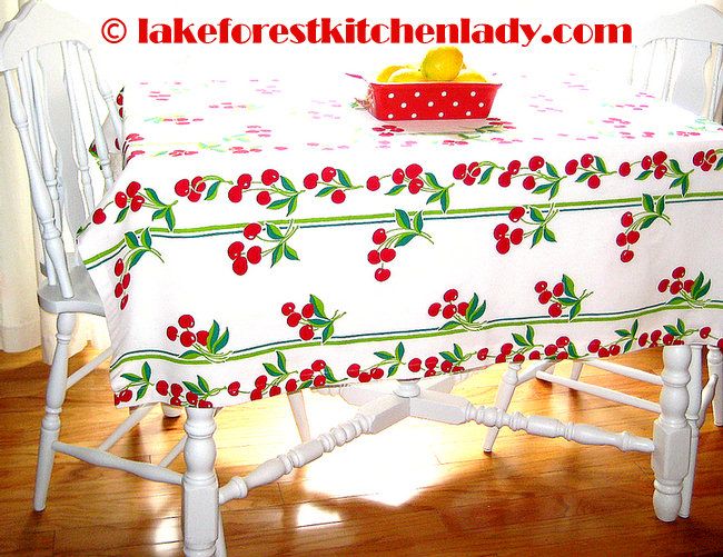 Vintage Style Tablecloth Red Cherries w Teal Chartreuse FREE STOREWIDE 