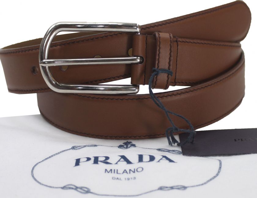 NEWT$ BRW LEATHER PRADA UNIQ BUCKLE BELT 100%AUTH 44  