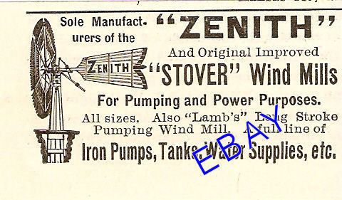 RARE 1890 STOVER ZENITH WINDMILL AD WIND MILL PUMP  