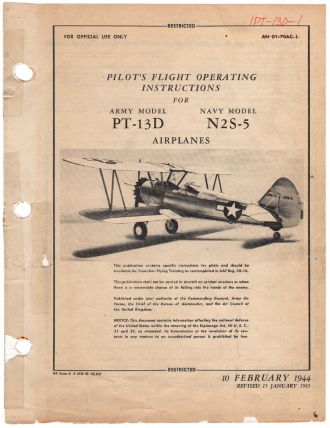 1945 ARMY PT 13D, N2S 5 STEARMAN PILOTS FLIGHT MANUAL  