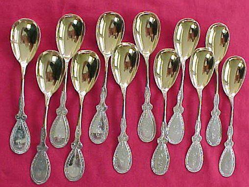 Set of 12 COIN Silver ICE CREAM SPOONS, Gold Washed  