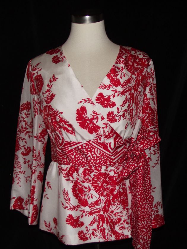 Carlisle NWT Embrace 100% Silk Wrap Top Red Pattern 2 4 BEAUTIFUL 