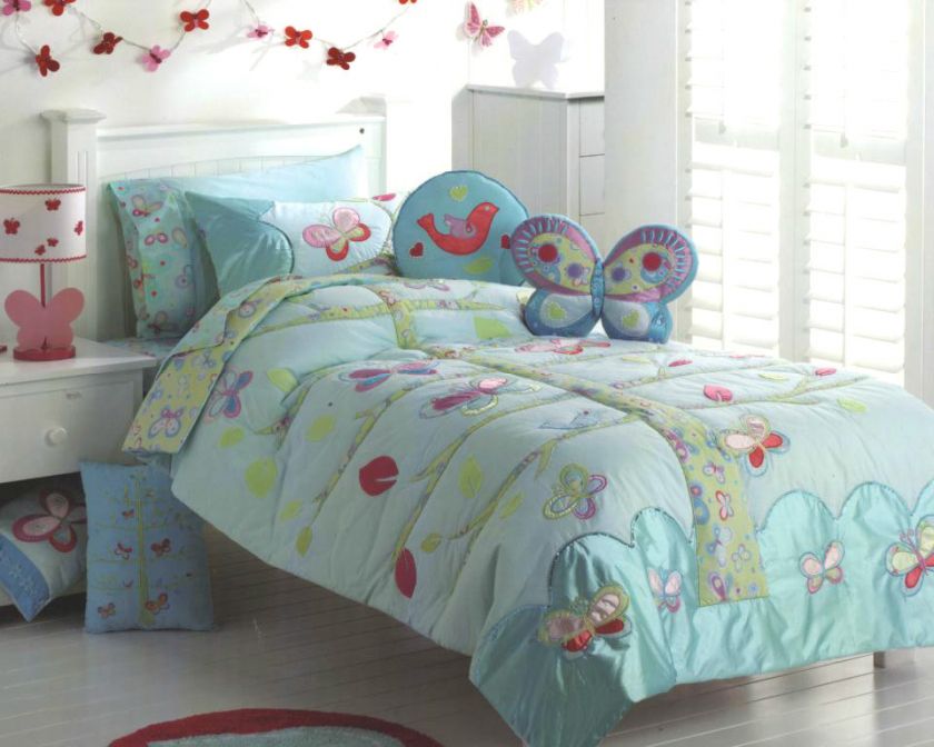 BUTTERFLY BRIGHT App/Emb Aqua COT/TODDLER Coverlet/Ftd Sheet Set 250TC 