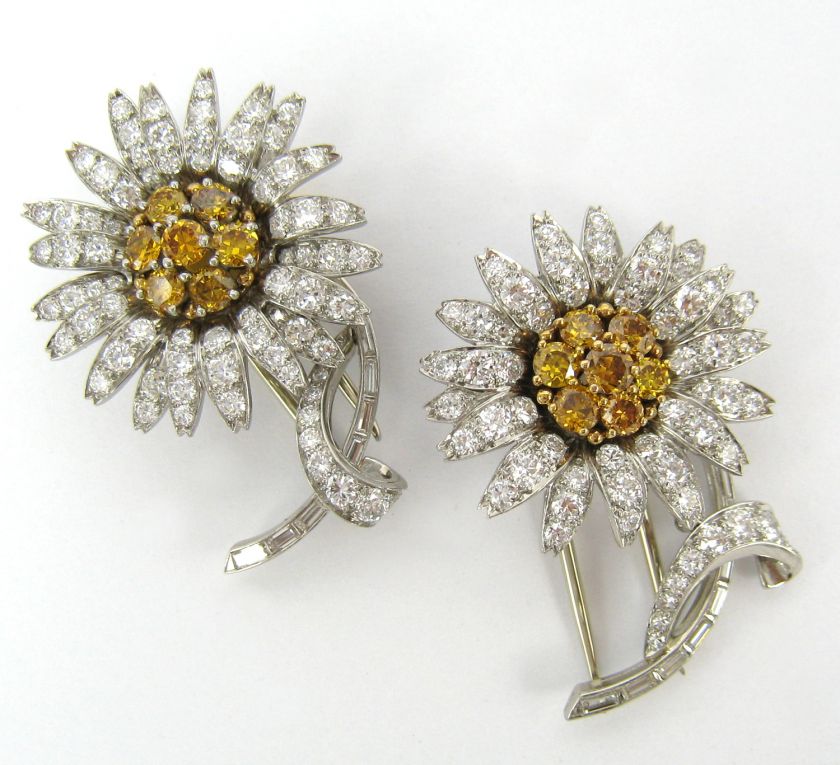 1960s 6.25ct White & Yellow Diamond Platinum Brooches  