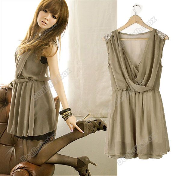 Corea Women Deep V neck Chiffon Sleeveless Mini Dress  