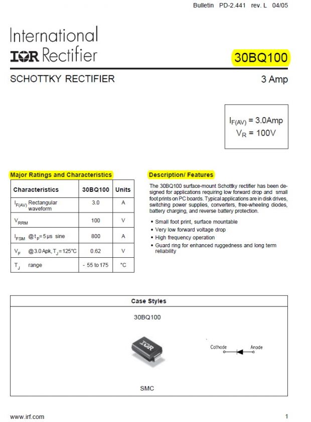 PC 30BQ100TRPBF SCHOTTKY DIODE 100V 3A IR  