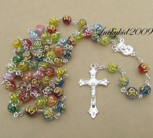 Alloy Silver Rosary Rosario Jesus Cross Round Bead Necklace Pendant 