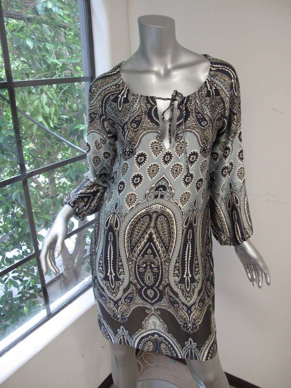 Nili Lotan Blue/Brown/Gray Indian Style Print Long Sleeve V Neck Dress 