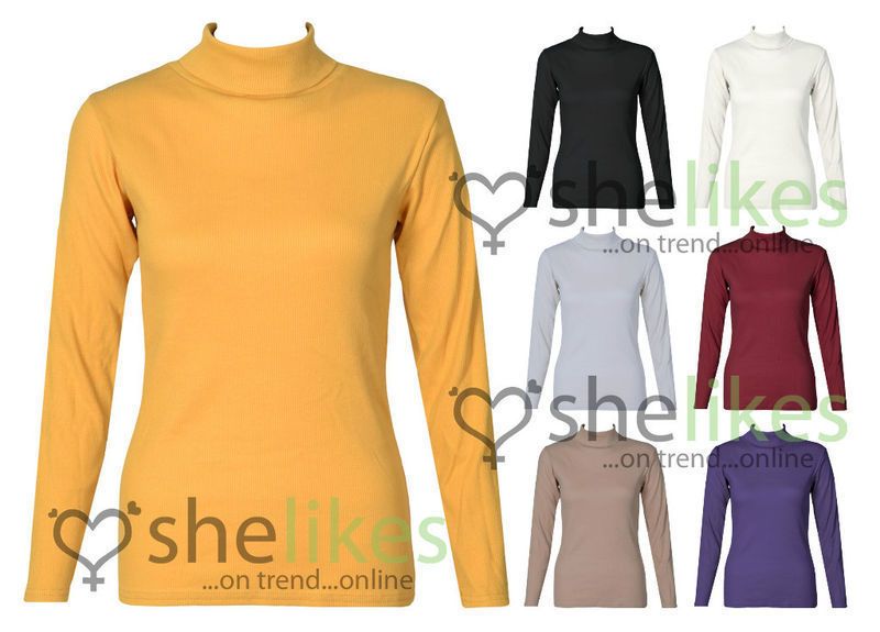   Long Sleeve Rib Polo Neck Tops Ladies Ribbed Stretch Turtle Jumper Top