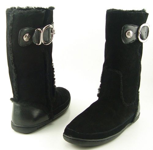 COACH MISHKA Black Suede Shearling Fur Trim Womens Shoes Mid Calf 