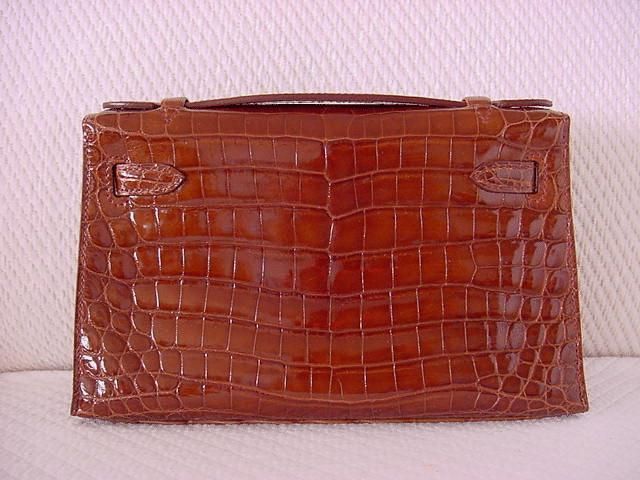 HERMES Crocodile Kelly JPG Pochette Clutch MIEL palladium  