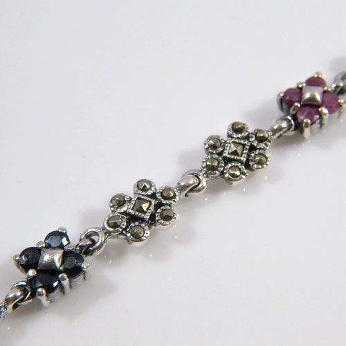   925 Silver Natural Ruby Emerald Sapphire Marcasite Bracelet Bangle