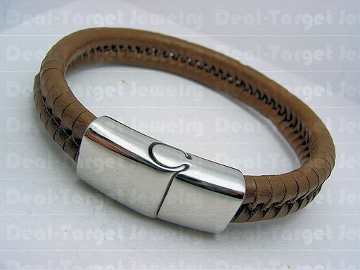 STAINLESS STEEL 316L BROWN LEATHER MENS BRACELET MAGNETIC LOCKING * US 